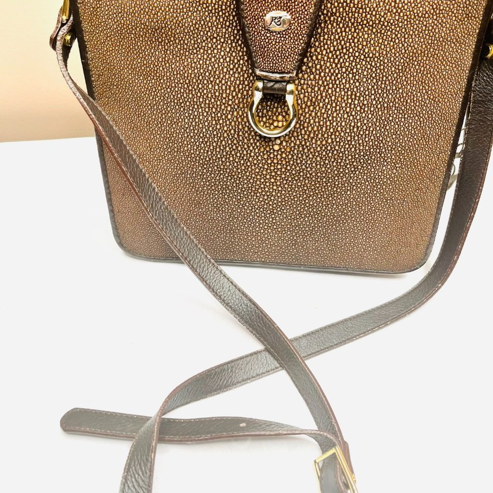 Genuine Stingray Leather Crossbody Bag Made in Italy Exotic Luxury Gold Brown - Picture 5 of 12